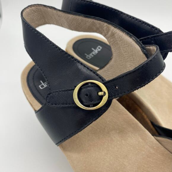 Dansko Black Leather Cork Peep-Toe Charlotte Wedge Sandals Women's size 41 / 10 - Picture 5 of 8